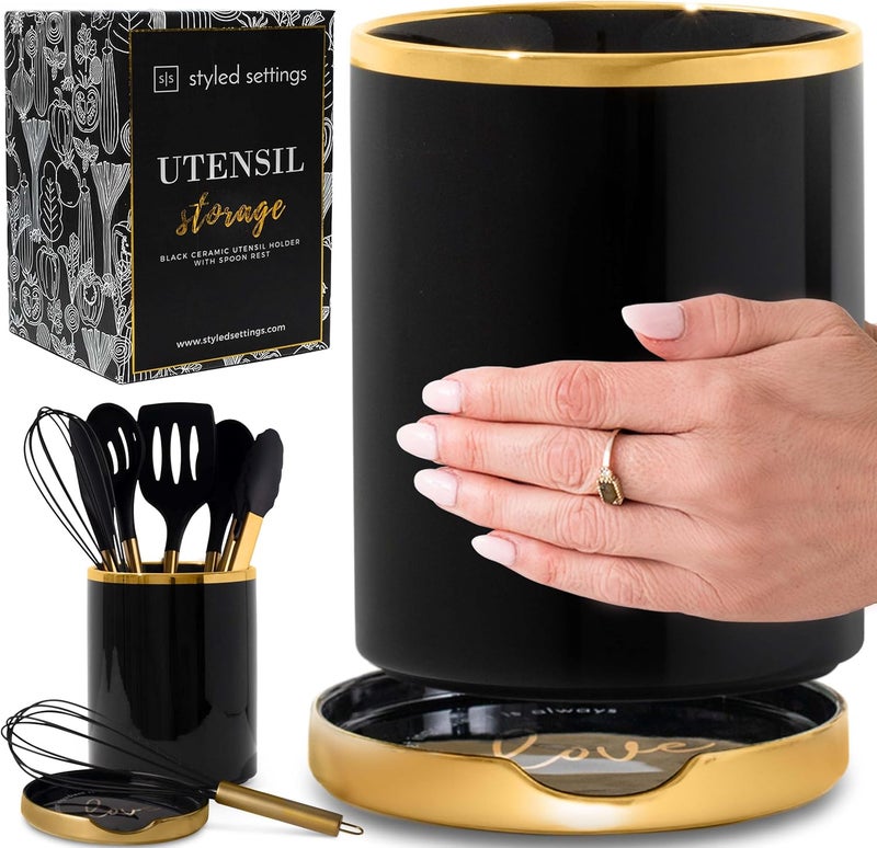 styled settings Black and Gold Utensil Holder with Built-in Spoon Rest - 2 PC Large Ceramic Utensil Holder Includes Black & Gold Spoon Rest - Luxury Kitchen Accessories - Utensils Not Included - Image 1